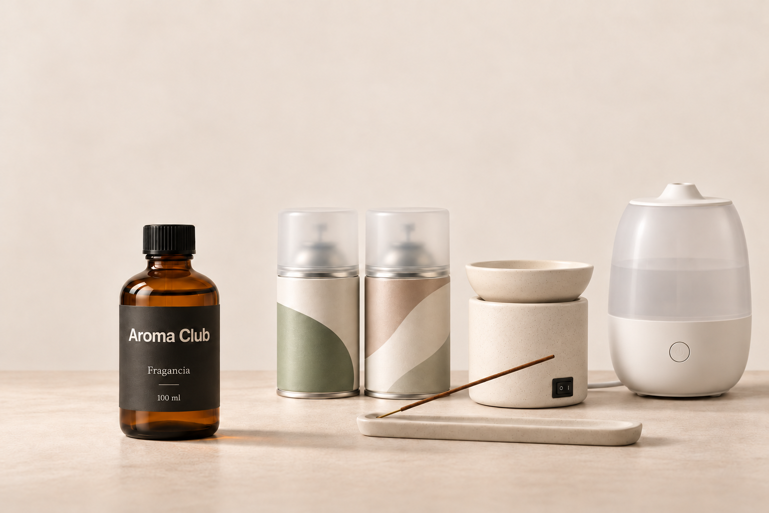Comparación ilustrativa de una fragancia Aroma Club junto a repuestos de aromatizadores automáticos, sahumerios, un hornillo eléctrico y un humidificador