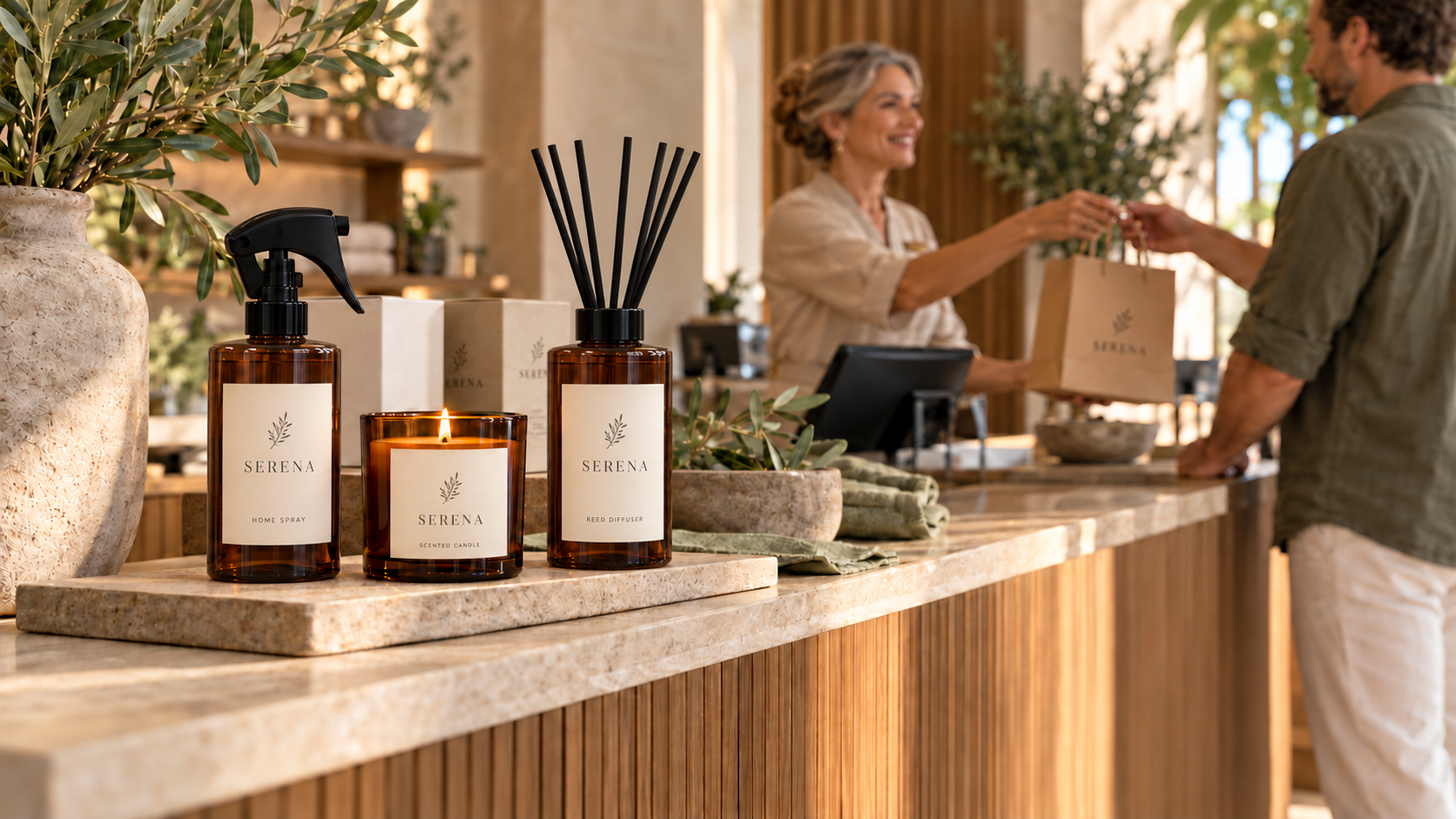 Productos aromáticos con la marca ilustrativa Serena exhibidos en la recepción de un spa.